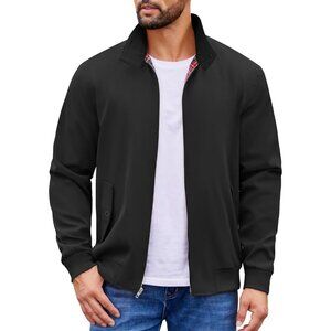 Men's Stylish Black Fabric Golf Lightweight Jacket Casual Zip Up Coat Collar